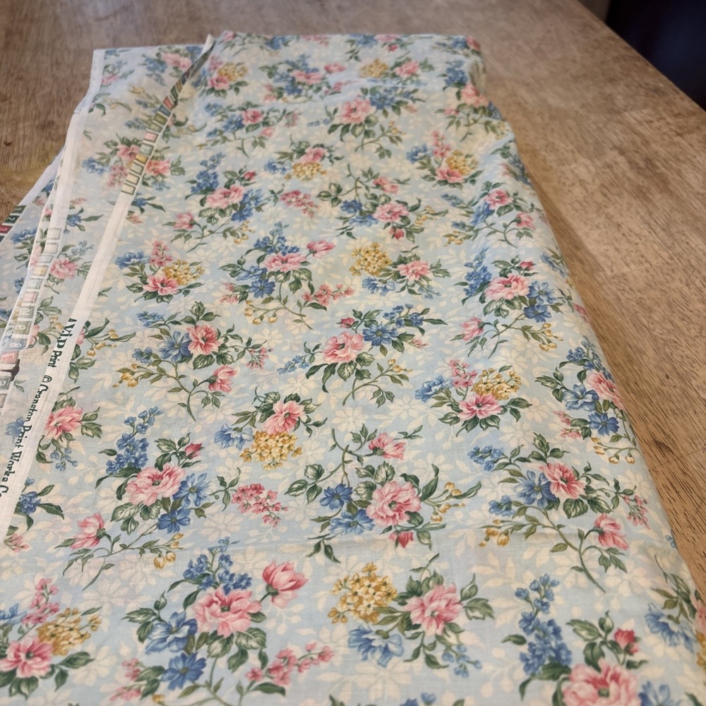Cranston 100% Cotton Fabric 3 Yards Blue Pink Vintage Floral VIP Print